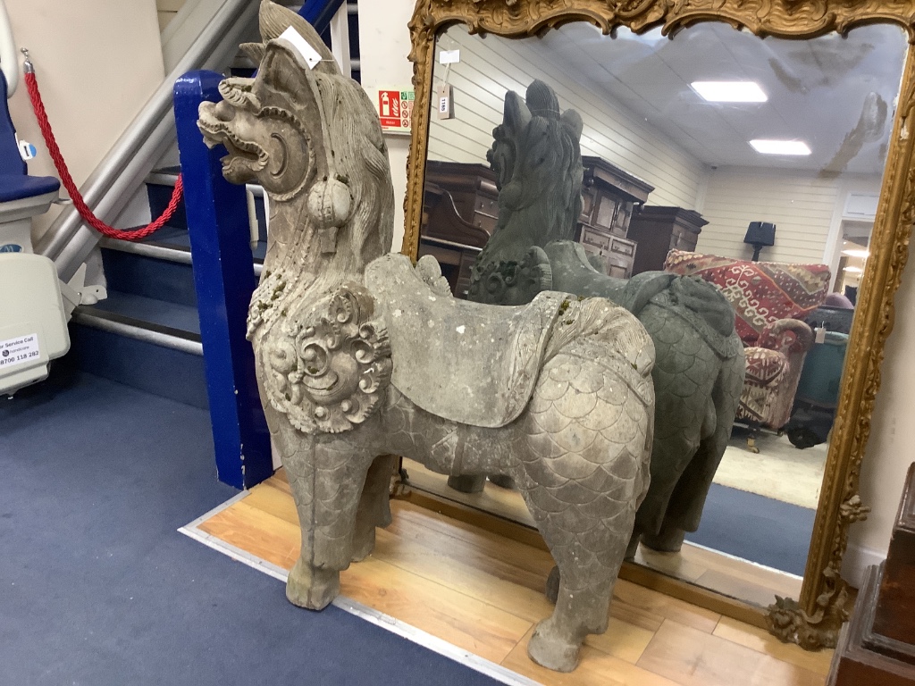 A faux carved marble temple dog width 86cm, height 110cm